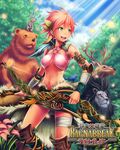  anbe_yoshirou animal atalante_(shinma_x_keishou!_ragnabreak) bandages bear boots bow_(weapon) breasts bunny cleavage copyright_name deer flower green_eyes leaf lion medium_breasts midriff navel pink_hair shinma_x_keishou!_ragnabreak short_hair tree weapon 