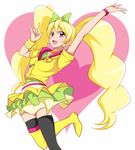  :d \m/ arm_up asymmetrical_legwear blonde_hair boots choker color_connection cosplay crossover cure_lovely cure_lovely_(cosplay) cure_peach earrings eyelashes fresh_precure! hair_ornament hair_ribbon happinesscharge_precure! happy heart heart_background jabara_tornado jewelry jumping lollipop_hip_hop long_hair looking_at_viewer magical_girl momozono_love open_mouth pink_eyes precure pullover ribbon shirt skindentation skirt smile solo star star_earrings sweatband thigh_boots thighhighs thighs trait_connection twintails white_background wrist_cuffs zettai_ryouiki 