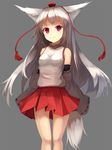  alternate_hair_length alternate_hairstyle animal_ears bow breasts detached_sleeves grey_background hat highres inubashiri_momiji long_hair looking_at_viewer medium_breasts pleated_skirt pointy_ears pom_pom_(clothes) red_eyes red_skirt shone silver_hair simple_background skirt smile solo standing tail tokin_hat touhou wolf_ears wolf_tail 