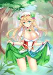  blonde_hair blush breasts cleavage curtsey dress freyja_(p&amp;d) green_eyes hat jewelry kaki_s large_breasts long_hair looking_at_viewer necklace puzzle_&amp;_dragons shiny shiny_skin skirt_hold smile solo tree wading water 