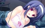  1girl artist_request bed blue_hair breasts character_request cleavage game_cg hatori_piyoko indoors kazaura_kotone kazunari koisuru_shimai_no_sextet kumatora_tatsumi lying peassoft purple_eyes red_eyes smile solo source_request 