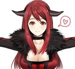  blush breasts choker cleavage collar covered_nipples fur_trim heart highres horns huge_breasts incoming_hug leaning_forward long_hair maou_(maoyuu) maoyuu_maou_yuusha nohnon red_eyes red_hair simple_background smile solo spoken_heart white_background 