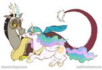 alpha_channel antler couple crown cutie_mark discord_(mlp) draconequus duo equine female friendship_is_magic fur hair half-closed_eyes horn male mammal multi-colored_hair my_little_pony plain_background princess_celestia_(mlp) purple_eyes red_eyes stepandy transparent_background white_fur winged_unicorn wings 