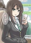  brown_hair cardigan green_eyes hand_in_pocket highres idolmaster idolmaster_cinderella_girls long_hair looking_at_viewer necktie shibuya_rin solo towamin translated 