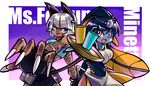  2girls animal_ears apron artist_request blue_eyes blue_skin cat_ears character_name cup fang female fingerless_gloves fingernails fish_girl glass gloves midriff minette_(skullgirls) monster_girl ms._fortune_(skullgirls) multiple_girls nadia_fortune open_mouth purple_eyes scar short_hair skullgirls stitches tyourou_god waitress white_hair 