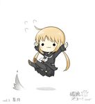  :3 ahoge arms_up bad_id bad_pixiv_id black_legwear black_serafuku black_skirt blonde_hair chibi crescent flying_sweatdrops highres kantai_collection legs_up long_hair long_sleeves pleated_skirt satsuki_(kantai_collection) school_uniform serafuku shadow sidelocks simple_background skirt solo thighhighs translation_request twintails white_background yuasan 