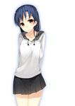  7zu7 arms_behind_back blue_hair blush idolmaster idolmaster_(classic) kisaragi_chihaya looking_at_viewer simple_background skirt solo white_background 