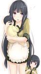  absurdres apron baby baby_carry black_hair cellphone commentary fidgeting flying_sweatdrops highres if_they_mated iphone jitome kantai_collection kitakami_(kantai_collection) long_hair low-tied_long_hair mother_and_daughter multiple_girls older open_mouth phone purple_eyes saku_(kudrove) sidelocks smartphone very_long_hair younger 
