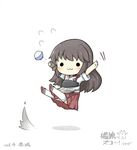  :3 akagi_(kantai_collection) arms_up bad_id bad_pixiv_id black_hair bowl chibi chopsticks flying_sweatdrops gloves hakama_skirt highres kantai_collection legs_up long_hair muneate rice_bowl shadow simple_background single_glove solo thighhighs translation_request white_background white_legwear yuasan 