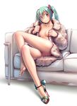  bangs barefoot blush body_blush breasts cleft_of_venus collarbone colored_eyelashes couch feet female full_body fur_coat grabbing green_eyes green_hair green_nails hair_between_eyes hands hatsune_miku head_tilt high_heels highres indoors knees leg_lift leg_up legs legs_crossed lips long_hair long_image long_sleeves looking_at_viewer multicolored_eyes nail_polish naked_coat no_panties open_shoes photoshop pov pussy sandals shadow shiny shiny_hair simple_background single_shoe sitting small_breasts smile solo tall_image thighs toe_scrunch toenail_polish toenails toes twintails uncensored vocaloid white_background wokada 