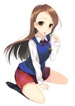  7zu7 :p brown_eyes brown_hair idolmaster idolmaster_(classic) long_hair looking_at_viewer minase_iori simple_background sitting skirt smile solo tongue tongue_out white_background 