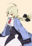  ahoge blazblue blonde_hair braid corset dress es_(xblaze) hair_ribbon long_hair long_sleeves orange_eyes ribbon short_hair single_braid solo underbust xblaze xblaze_code:_embryo 