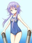  banitei blue_eyes cosplay crescent crescent_hair_ornament hair_ornament kantai_collection long_hair one-piece_swimsuit purple_hair school_swimsuit short_hair_with_long_locks sidelocks solo swimsuit torpedo yayoi_(kantai_collection) 