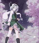  ass cherry_blossoms dezuko_(dezuko_no_heya) glint hair_ribbon hand_on_hilt katana kneepits konpaku_youmu konpaku_youmu_(ghost) long_sleeves looking_at_viewer looking_back night petals red_eyes ribbon shirt silver_hair skirt skirt_set solo sword touhou tree turning_head upskirt vest weapon wind wind_lift 