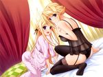  :d age_difference all_fours arm_support ass back bangs bare_shoulders bed black_legwear black_panties blonde_hair blush breasts camisole checkered checkered_pillow child curtains dutch_angle flat_chest frills from_side garter_belt hair_bun hair_ribbon half_updo hand_on_own_chest highres indoors komori_kei lace lace-trimmed_thighhighs large_breasts light_smile lingerie long_hair long_sleeves looking_at_viewer looking_back maria_van_hossen multiple_girls official_art open_mouth pajamas panties pillow polka_dot princess_lover purple_eyes ribbon see-through short_hair siblings sidelocks silvia_van_hossen sisters sitting smile sunlight thighhighs underwear underwear_only very_long_hair 