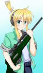 bad_id bad_pixiv_id blonde_hair green_eyes gun highres iris_(material_sniper) material_sniper ponytail reyzin rifle scope scrunchie sleeves_rolled_up smile sniper_rifle weapon 