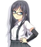  arm_warmers asashio_(kantai_collection) bespectacled black_hair blouse blue_eyes closed_mouth glasses grey_skirt hand_on_hip kantai_collection long_hair looking_at_viewer pleated_skirt short_sleeves skirt solo suspenders tori_(minamopa) white_background 