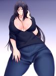  bad_id bad_pixiv_id black_hair blue_background blue_eyes breasts denim gradient gradient_background huge_breasts jeans jewelry long_hair looking_at_viewer necklace original pants saogokushi solo white_background 