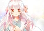  :o blush dress hair_ribbon kagerou_project kozakura_marry kurosawa_itsuki long_hair looking_at_viewer red_eyes ribbon silver_hair solo 