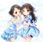  :d black_eyes black_hair brown_eyes brown_hair dress gloves hair_ornament half_updo holding_hands idolmaster idolmaster_cinderella_girls long_hair multiple_girls naoharu_(re_barna) open_mouth ribbon-trimmed_clothes ribbon_trim sasaki_chie short_hair smile tachibana_arisu tiara 