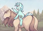  amber_eyes annoyed brown_fur brown_hair cutie_mark duo equine female feral friendship_is_magic fur green_fur hair horn horse lyra_heartstrings_(mlp) mammal my_little_pony open_mouth outside pony riding sitting soulspade tree two_tone_hair unicorn 