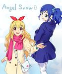  aikatsu! aikatsu!_(series) bag blonde_hair blue_eyes blue_hair coat english hair_ribbon handbag highres hood hoshimiya_ichigo kiriya_aoi mitsuki_(goomoku) multiple_girls open_mouth ponytail red_eyes ribbon scarf smile winter_clothes 