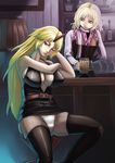  adapted_costume alcohol amibazh bar beer beer_mug belt black_dress black_legwear blonde_hair bottomless breasts center_opening cleavage cup dress green_eyes highres holding holding_cup horn hoshiguma_yuugi large_breasts long_hair long_sleeves mizuhashi_parsee multiple_girls no_pants oni panties pantyshot red_eyes satin_panties scarf short_hair thighhighs touhou underwear very_long_hair vest white_panties 