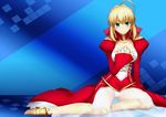  ahoge blonde_hair blue_background blush breasts cleavage cleavage_cutout dress epaulettes fate/extra fate_(series) green_eyes hand_on_own_chest jampen juliet_sleeves long_sleeves looking_at_viewer medium_breasts nero_claudius_(fate) nero_claudius_(fate)_(all) panties puffy_sleeves see-through sleeves_past_wrists solo underwear white_panties 