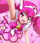  armpits bow choker cure_happy cure_happy_pose haruyama_kazunori hoshizora_miyuki long_hair looking_at_viewer magical_girl open_mouth pink pink_background pink_bow pink_choker pink_eyes pink_hair pink_skirt precure skirt smile_precure! solo tiara twintails 