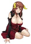  :d bad_id bad_pixiv_id barefoot blush breasts brown_hair choker cleavage full_body ganari_ryuu horns large_breasts long_hair maou_(maoyuu) maoyuu_maou_yuusha open_mouth red_eyes simple_background sitting smile solo yokozuwari 