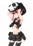  armpits arms_up belt black_gloves black_legwear blush breasts gloves groin hands_on_headwear hat holster jakuzure_nonon kill_la_kill looking_at_viewer medium_breasts navel no_panties nude nudist_beach_uniform pink_eyes pink_hair short_hair shoulder_holster simple_background skull_print solo spoilers taiyaki_a thighhighs underboob utility_belt white_background 