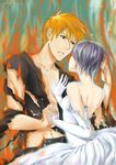  1boy 1girl back bare_back bare_shoulders bleach dress fire gloves hand_holding hand_on_another's_chest highres interlocked_fingers kuchiki_rukia kurosaki_ichigo looking_at_another orange_hair parted_lips purple_hair short_hair snowflakes strapless_dress torn_clothes white_dress white_gloves yuria-chu 