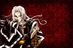  1boy abel_nightroad body_marking body_markings brown_eyes clothed facial_mark facial_marking facial_markings glasses hair jewelry long_hair lots_of_jewelry male male_focus smile solo trinity_blood very_long_hair white_hair 