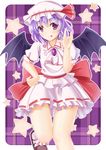  :p \m/ absurdres ascot bad_id bad_pixiv_id bat_wings brooch hand_on_hip hat hat_ribbon heart heart-shaped_pupils highres jewelry knees_together lavender_hair leg_up looking_at_viewer mob_cap plaid plaid_background puffy_short_sleeves puffy_sleeves purple_background purple_eyes remilia_scarlet ribbon rounded_corners short_hair short_sleeves skirt skirt_set smile solo star symbol-shaped_pupils tongue tongue_out touhou umitonakai wings 