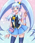  bad_id bad_pixiv_id blue_background blue_eyes blue_hair blue_legwear blue_skirt crown cure_princess earrings eyelashes gradient gradient_background hair_ornament hair_ribbon happinesscharge_precure! happy heart highres jewelry long_hair looking_at_viewer magical_girl open_mouth pink_background precure ribbon shirayuki_hime shirt skirt smile solo standing thighhighs thighs twintails v wrist_cuffs yamaki_suzume zettai_ryouiki 