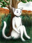  anthro bell cat cattail collar color_background feline fur grass hills honest leaves male mammal portrait shiny sitting solo spot traditional_media tree watercolor 