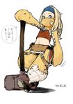  bad_id bad_pixiv_id baggy_pants blonde_hair blue_eyes crafting_shop_daughter_(monster_hunter) detached_sleeves eyebrows flat_chest gas_mask hairband huge_weapon long_hair mallet mask midriff monster_hunter monster_hunter_4 navel oomori_harusame overalls pants quad_braids solo steel-toe_boots strapless translated tubetop weapon 