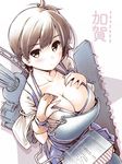  blush breasts brown_eyes brown_hair cleavage gloves japanese_clothes kaga_(kantai_collection) kantai_collection kibushi large_breasts looking_at_viewer muneate partly_fingerless_gloves short_hair side_ponytail single_glove skirt solo translated yugake 