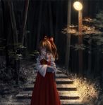  ascot bow brown_eyes brown_hair darkness detached_sleeves dress forest hair_bow hakurei_reimu kinoto_(ruindivinity) lamp lamppost nature night one_side_up ponytail red_dress ribbon_trim scarf scarf_over_mouth solo stairs touhou wide_sleeves 