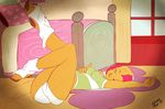  anthro anthrofied babs_seed_(mlp) bed brown_fur clothing equine female friendship_is_magic fur green_eyes hair horse legs_up licking licking_lips lying mammal my_little_pony older on_back one_eye_closed panties pony red_hair shirt solo sultry_pose tesuai tongue underwear 