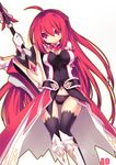  armor armored_dress bad_id bad_pixiv_id black_legwear black_panties boots breasts elesis_(elsword) elsword full_body gloves grand_master_(elsword) half_updo knee_boots large_breasts long_hair no_nose panties red_eyes red_hair smile solo sword thigh_gap thighhighs underwear utm weapon white_background 