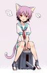  :o animal_ears between_legs blue_sailor_collar blush boots cannon cat_ears cat_tail fang grey_background highres kantai_collection kemonomimi_mode looking_at_viewer neckerchief oota_yuuichi open_mouth pink_hair purple_hair red_eyes sailor_collar school_uniform short_hair shorts simple_background sitting solo speech_bubble tail tama_(kantai_collection) translated v_arms 