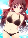  arms_behind_back bad_id bad_pixiv_id bikini bow breasts brown_hair cleavage hair_bow hair_tubes hakurei_reimu k----s large_breasts long_hair looking_at_viewer navel o-ring o-ring_top red_eyes solo standing strap_gap swimsuit tail touhou 