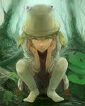  blonde_hair forest hands_on_own_cheeks hands_on_own_face hat kneehighs long_sleeves looking_at_viewer moriya_suwako nature no_shoes realistic short_hair smile solo squatting thighhighs touhou tree tsutsu_uraura yellow_eyes 