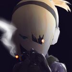  blue_eyes cigarette cosplay ear_protection eyepatch highres iris_(material_sniper) material_sniper metal_gear_(series) metal_gear_solid_4 old_snake old_snake_(cosplay) orunyaka parody ponytail smoke smoking sneaking_suit 