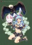  animal_ears bird breasts bunny_ears clover eagle four-leaf_clover highres hunter_(ragnarok_online) kawagoe_pochi kneeling long_hair looking_at_viewer lunatic_(ragnarok_online) medium_breasts midriff navel open_mouth ragnarok_online red_eyes short_shorts shorts v 