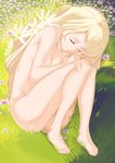  barefoot blonde_hair closed_eyes fetal_position flower grass highres long_hair lying nude on_side smile solo 