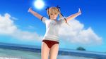  1girl 3d beach blonde_hair buruma dead_or_alive dead_or_alive_5 female gym_uniform looking_at_viewer marie_rose ocean official_art solo twintails 