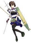  arrow ashiwara_yuu bow_(weapon) brown_eyes brown_hair gloves japanese_clothes kaga_(kantai_collection) kantai_collection muneate partly_fingerless_gloves short_hair side_ponytail single_glove skirt solo thighhighs weapon yugake 