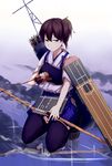  arrow ashiwara_yuu bow_(weapon) brown_eyes brown_hair gloves japanese_clothes kaga_(kantai_collection) kantai_collection muneate partly_fingerless_gloves reflection short_hair side_ponytail single_glove skirt solo squatting thighhighs weapon yugake 